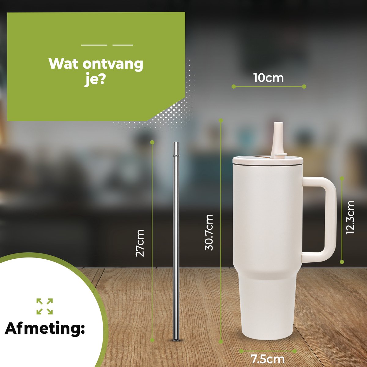 RVS Thermosbeker met Handvat en Rietje 1.2 liter