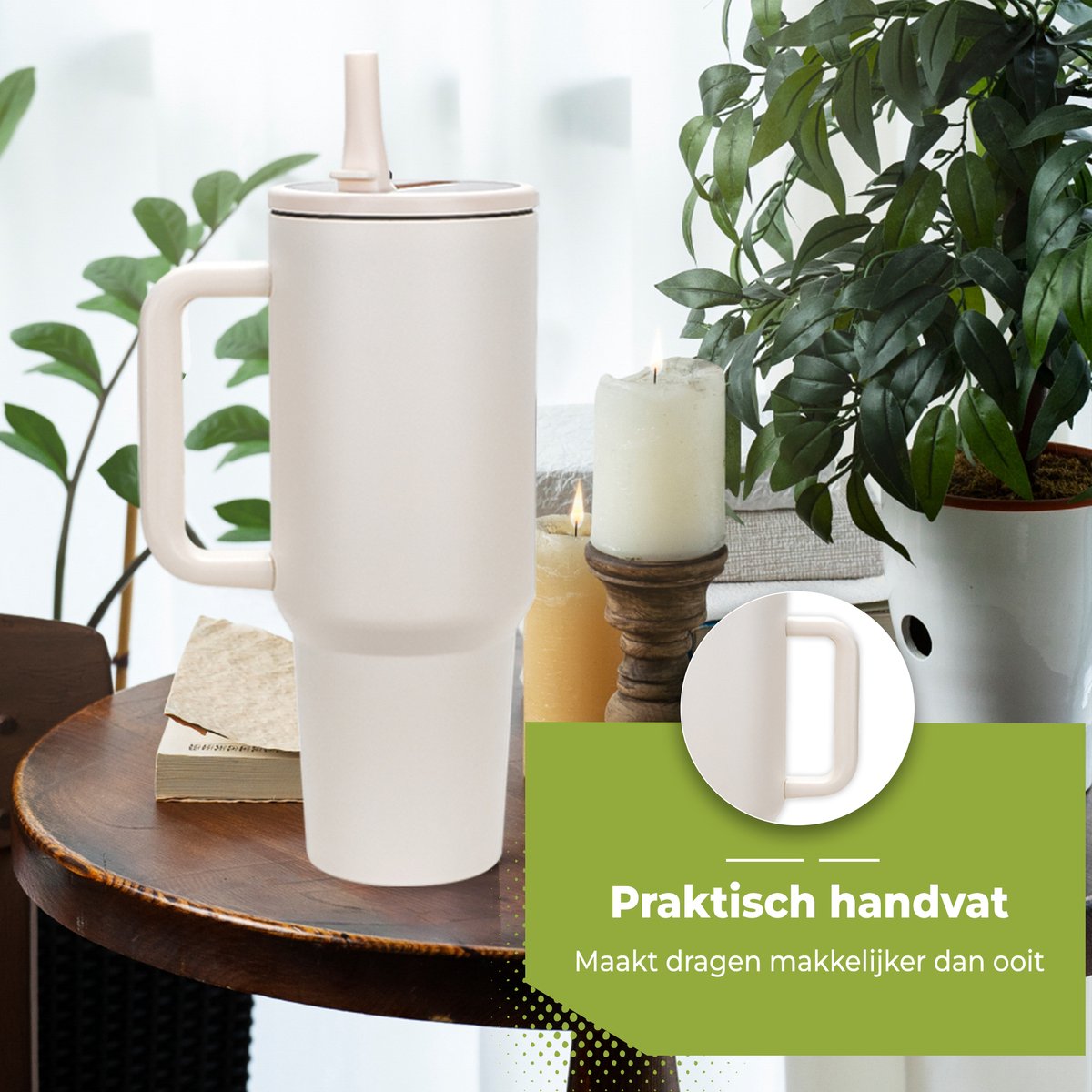 RVS Thermosbeker met Handvat en Rietje 1.2 liter