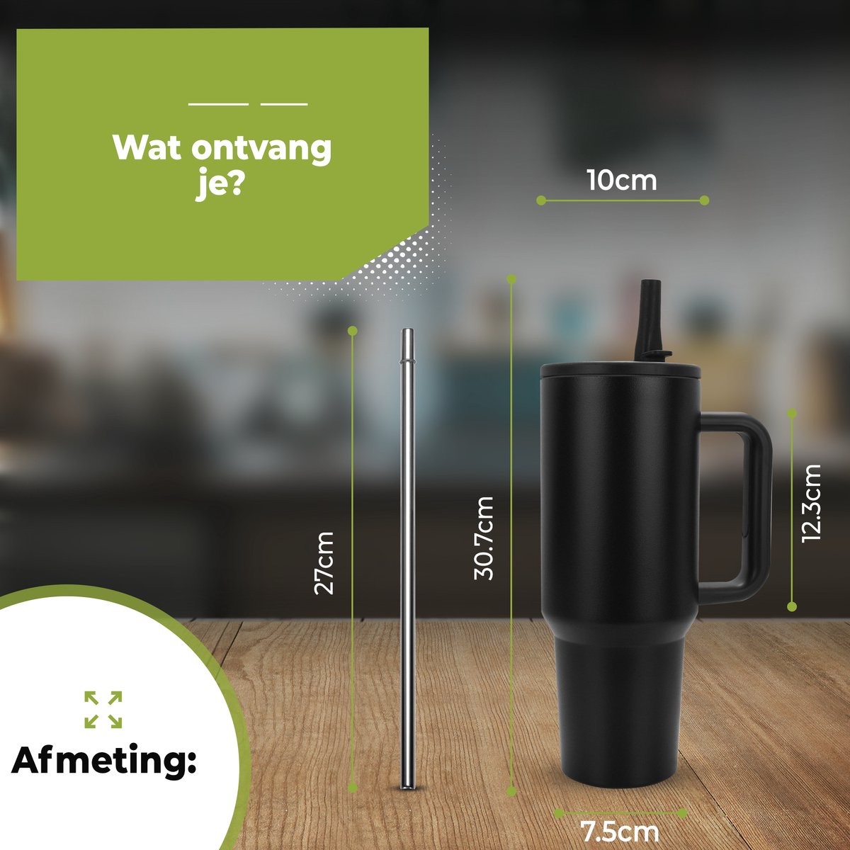 RVS Thermosbeker met Handvat en Rietje 1.2 liter