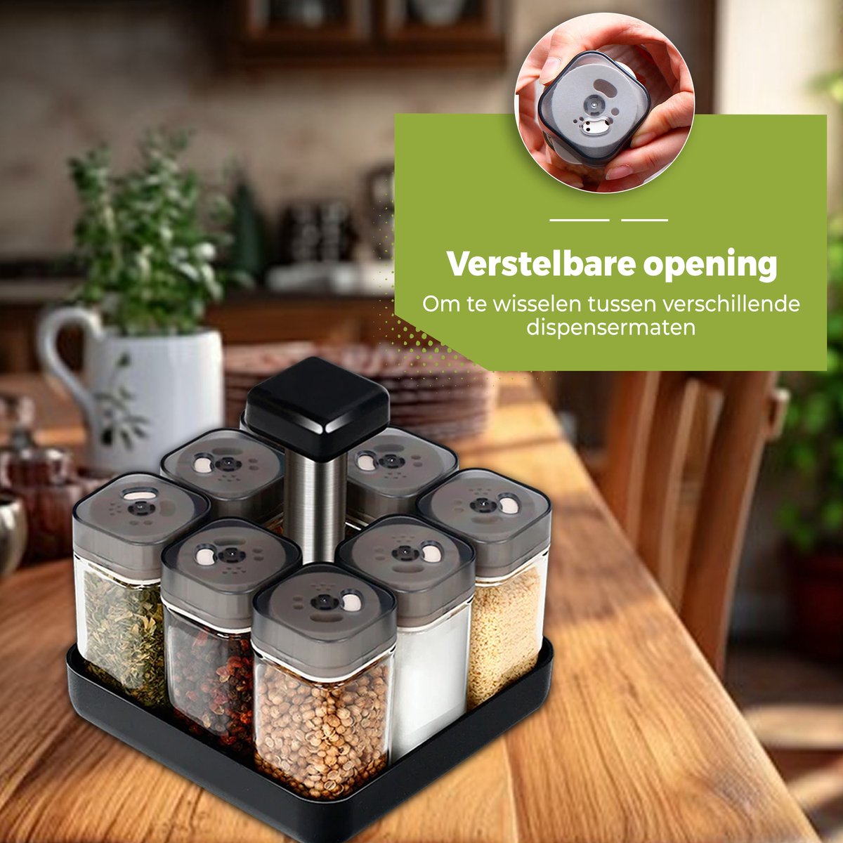 Kruidenrek staand met 8 Glazen kruidenpotjes met strooideksel