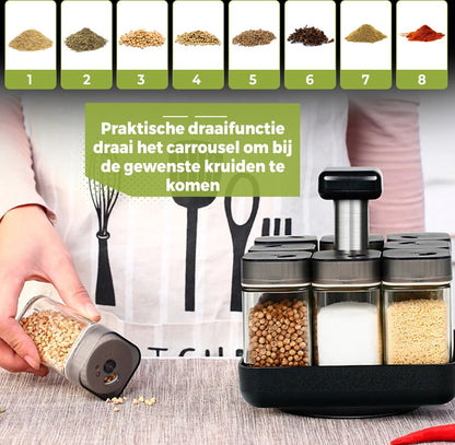 Kruidenrek staand met 8 Glazen kruidenpotjes met strooideksel
