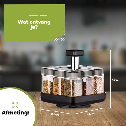 Kruidenrek staand met 8 Glazen kruidenpotjes met strooideksel