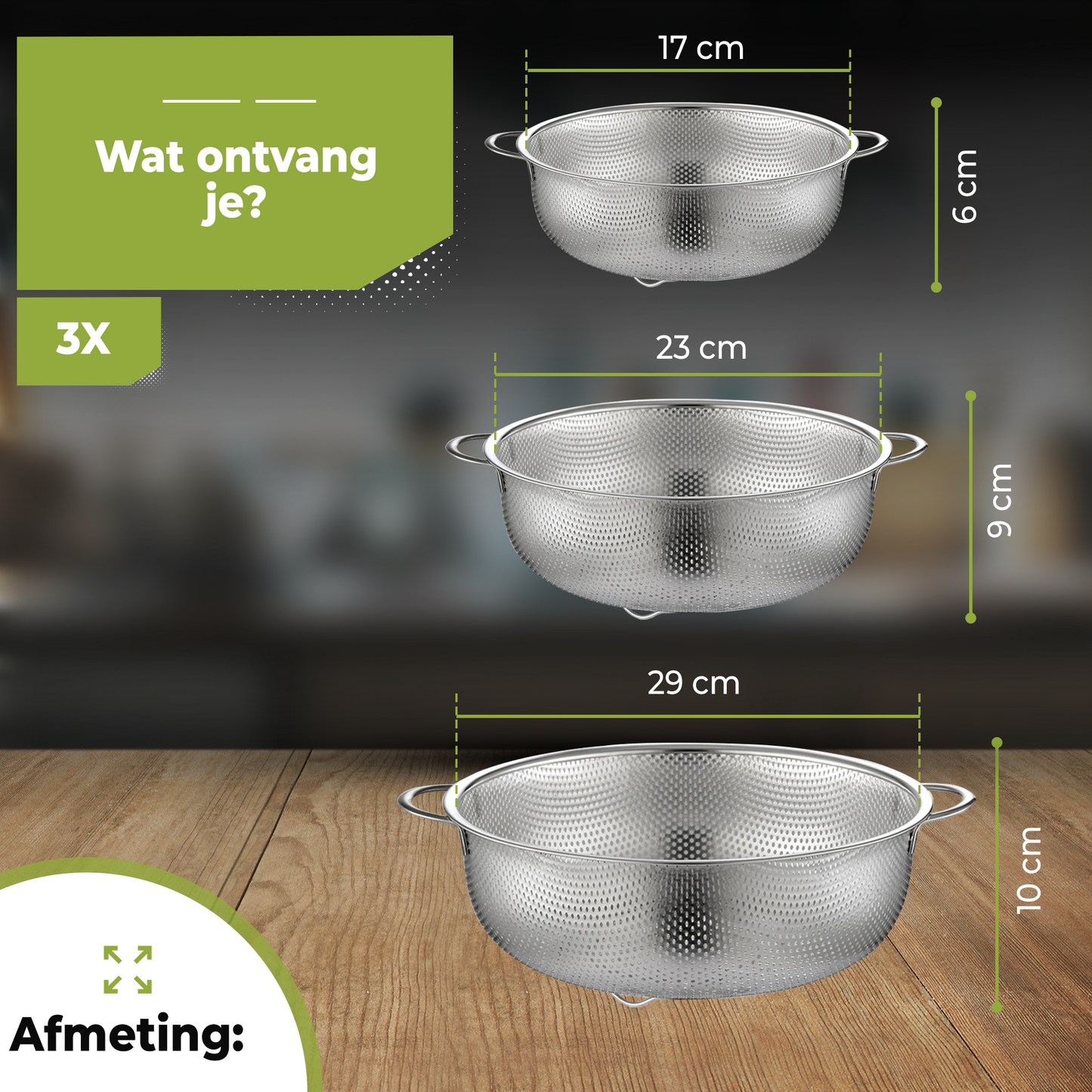 Vergiet RVS 3-delige set - Ø29cm/Ø23cm/Ø17cm Fijnmazig