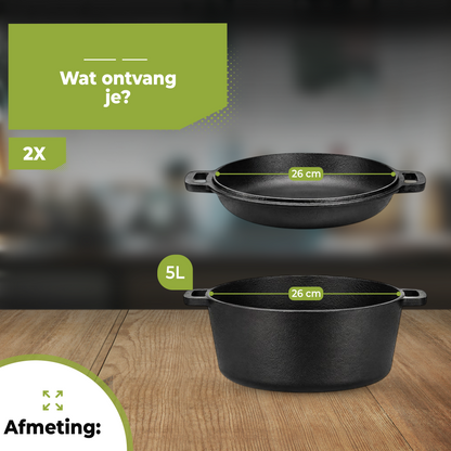 Dutch Oven - Gietijzeren Braadpan met Grilldeksel 5L - 26CM