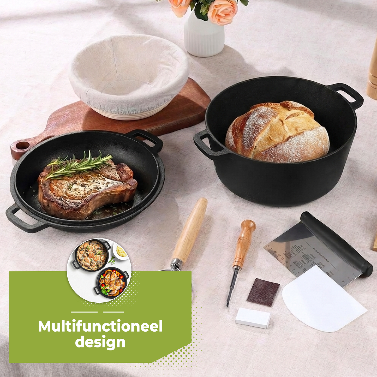 Dutch Oven - Gietijzeren Braadpan met Grilldeksel 5L - 26CM