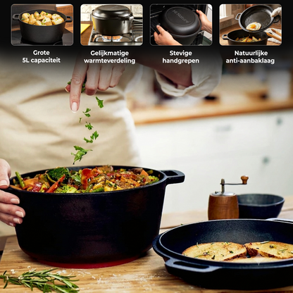 Dutch Oven - Gietijzeren Braadpan met Grilldeksel 5L - 26CM